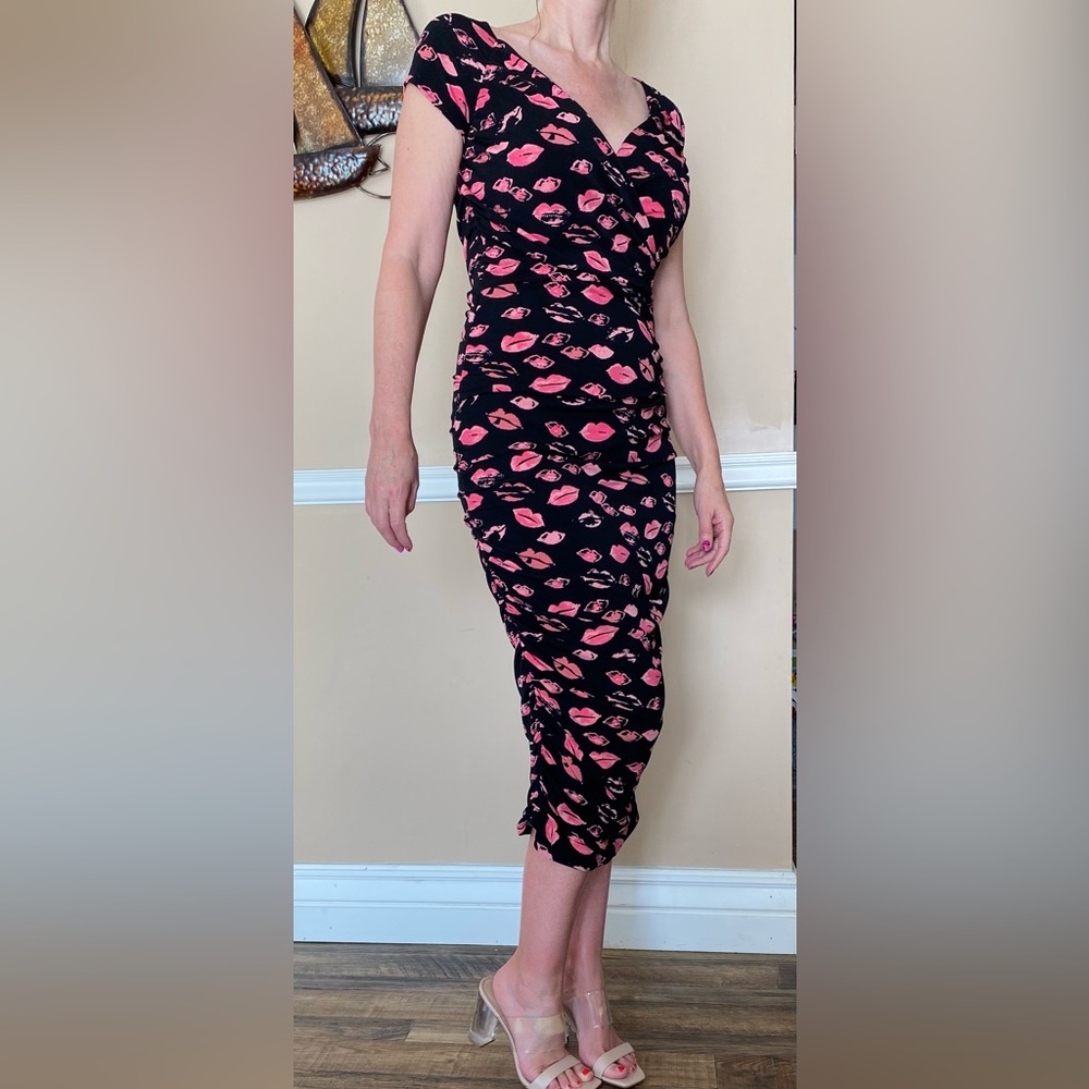Leota ruched lips dress. Stretchy, faux wrap, small, Zadig & Voltaire vibe. S